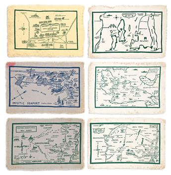 (PICTORIAL MAPS.) The Crawfords. Group of 24 hand-printed textile maps.